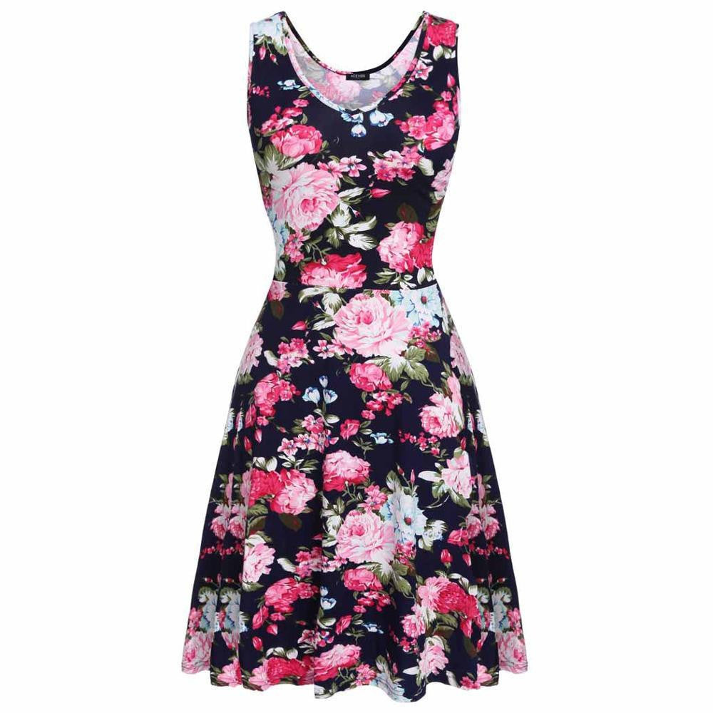 Summer dress Women 1950s Lady Elegant Print Casual Floral Sleeveless Dress Sundress