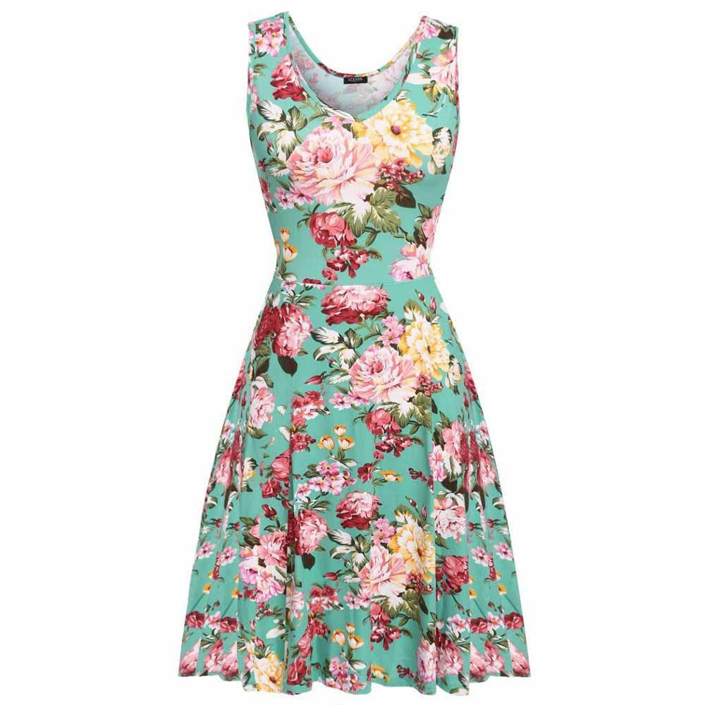 Summer dress Women 1950s Lady Elegant Print Casual Floral Sleeveless Dress Sundress