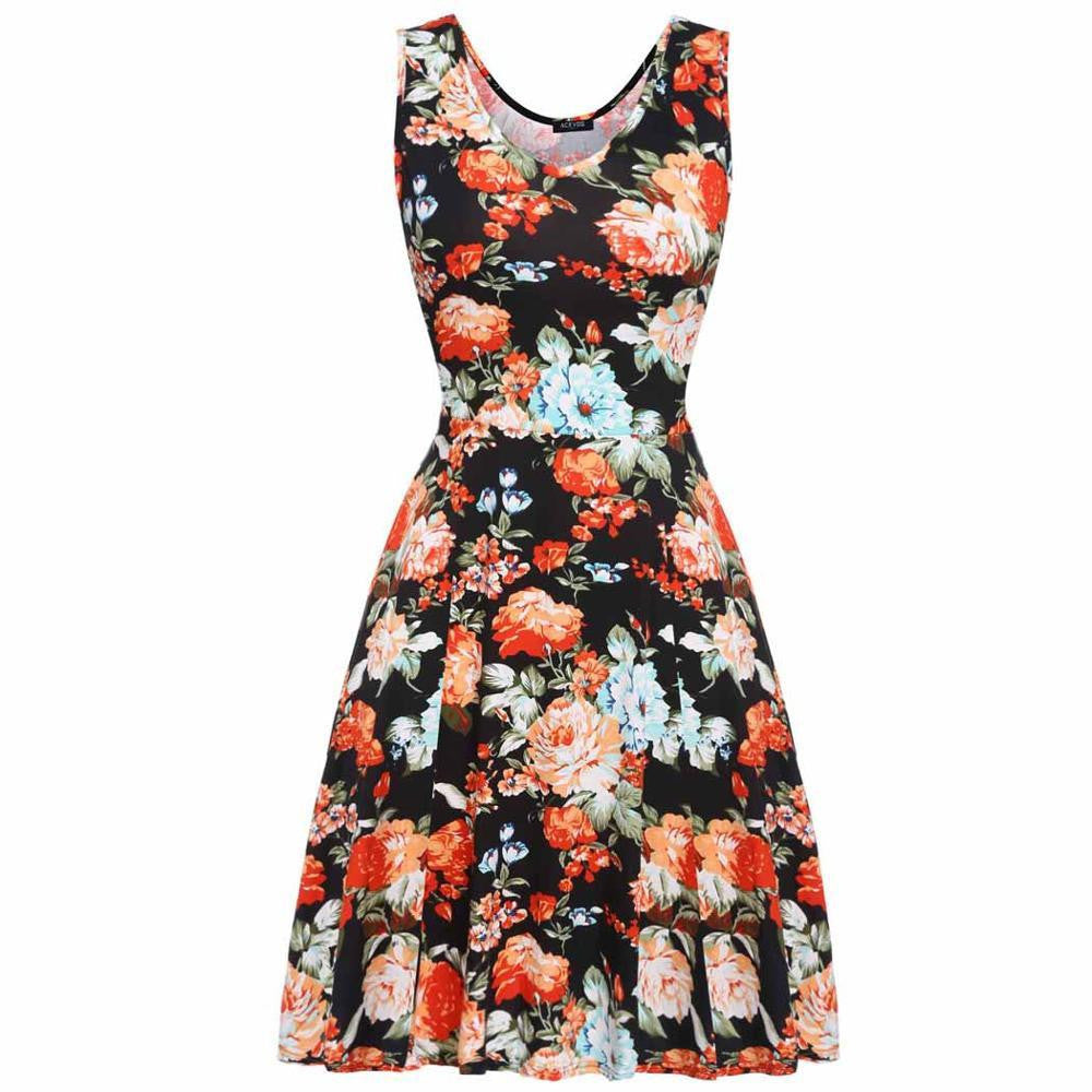 Summer dress Women 1950s Lady Elegant Print Casual Floral Sleeveless Dress Sundress