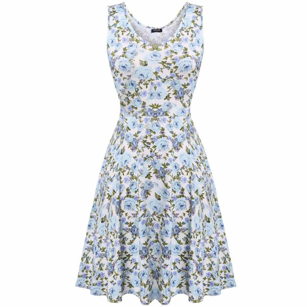 Summer dress Women 1950s Lady Elegant Print Casual Floral Sleeveless Dress Sundress