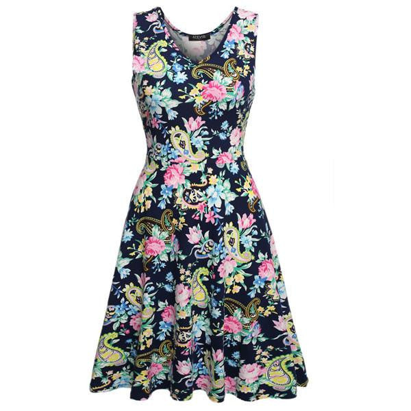 Summer dress Women 1950s Lady Elegant Print Casual Floral Sleeveless Dress Sundress