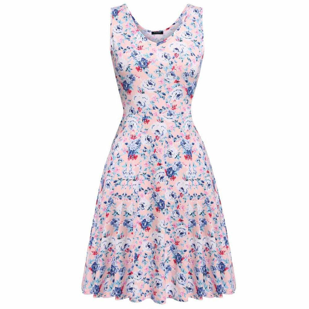 Summer dress Women 1950s Lady Elegant Print Casual Floral Sleeveless Dress Sundress