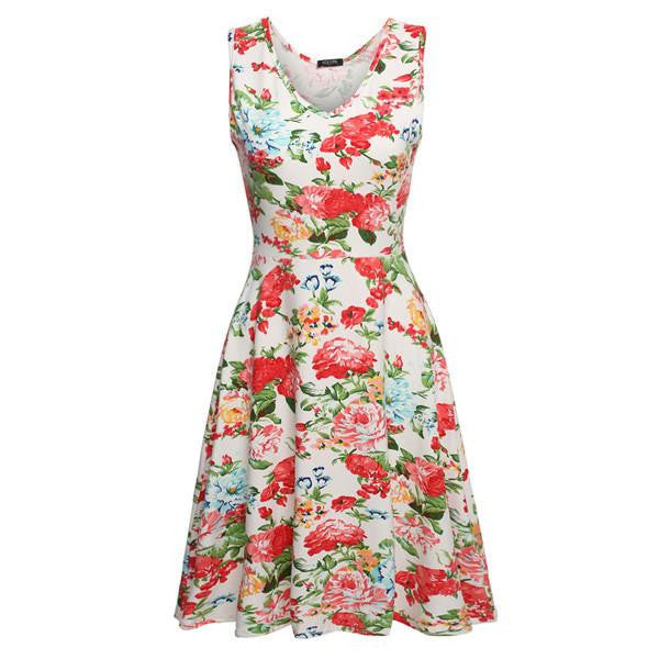 Summer dress Women 1950s Lady Elegant Print Casual Floral Sleeveless Dress Sundress