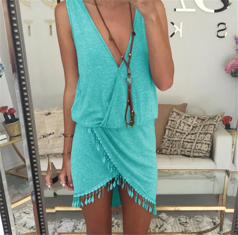 Summer Style Women Tassel Dress Fashion Deep V-neck Beach Dresses Solid Smock Waist Front Wrap Boho Dress vestido