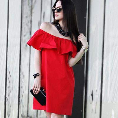 Ruffles Slash Neck Women Dress Summer Style Off Shoulder Vestidos Solid Dresses Loose Beach Dress Cotton AWD0086