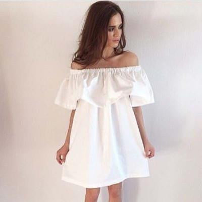 Ruffles Slash Neck Women Dress Summer Style Off Shoulder Vestidos Solid Dresses Loose Beach Dress Cotton AWD0086