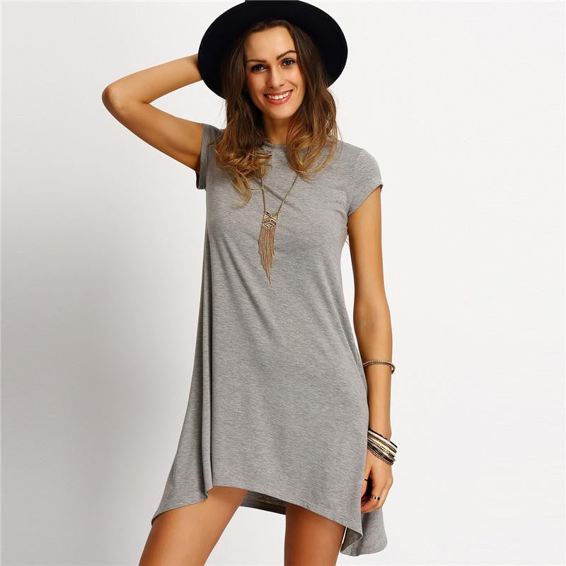 Womens Summer Dresses Ladies Grey Asymmetric Hem Casual Round Neck Short Sleeve Shift Tees Dress