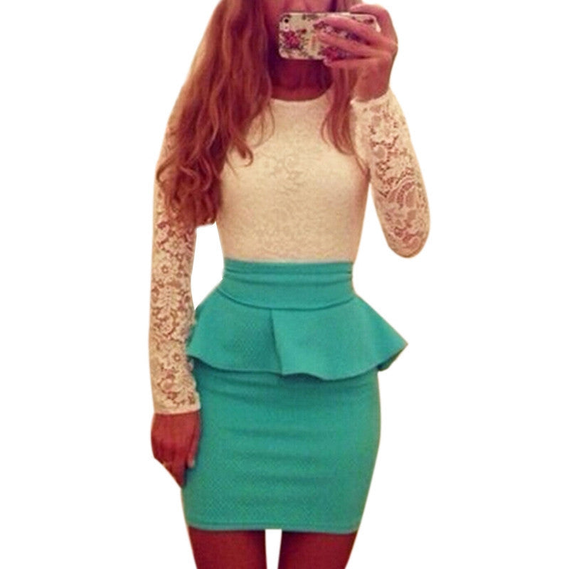 Online discount shop Australia - Dress Long Sleeve Women Patchwork O Neck Bodycon Sexy Lace Party Peplum Flounce Bandage Pencil Dress