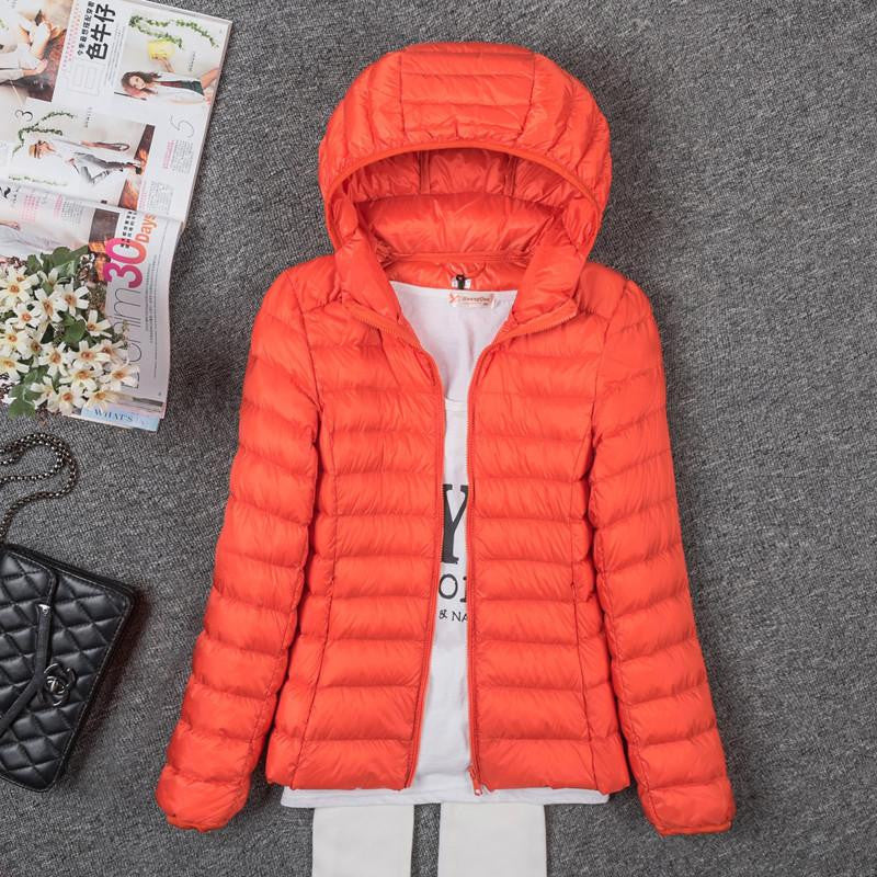 Thin Down Jacket Female Long Sleeved Hooded Women Ultra Light Warm Coat