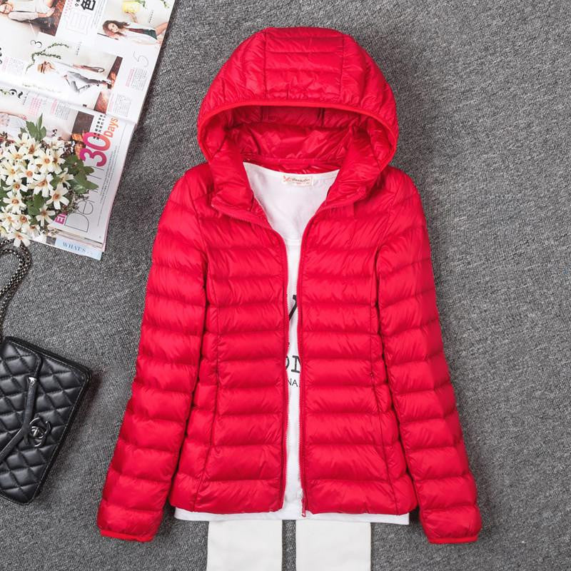 Thin Down Jacket Female Long Sleeved Hooded Women Ultra Light Warm Coat