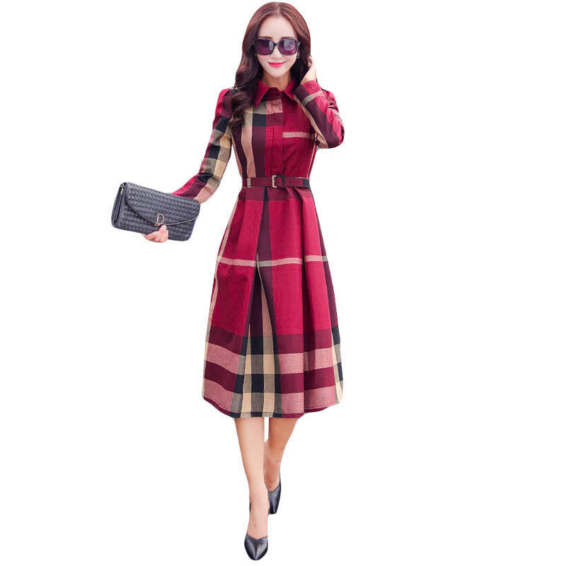 Online discount shop Australia - European Style Women Spring Autumn Dress Elegant A-Line Plaid Long Sleeve Dress Slim Work Wear OL Dresses SS372