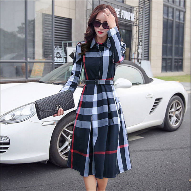 Online discount shop Australia - European Style Women Spring Autumn Dress Elegant A-Line Plaid Long Sleeve Dress Slim Work Wear OL Dresses SS372