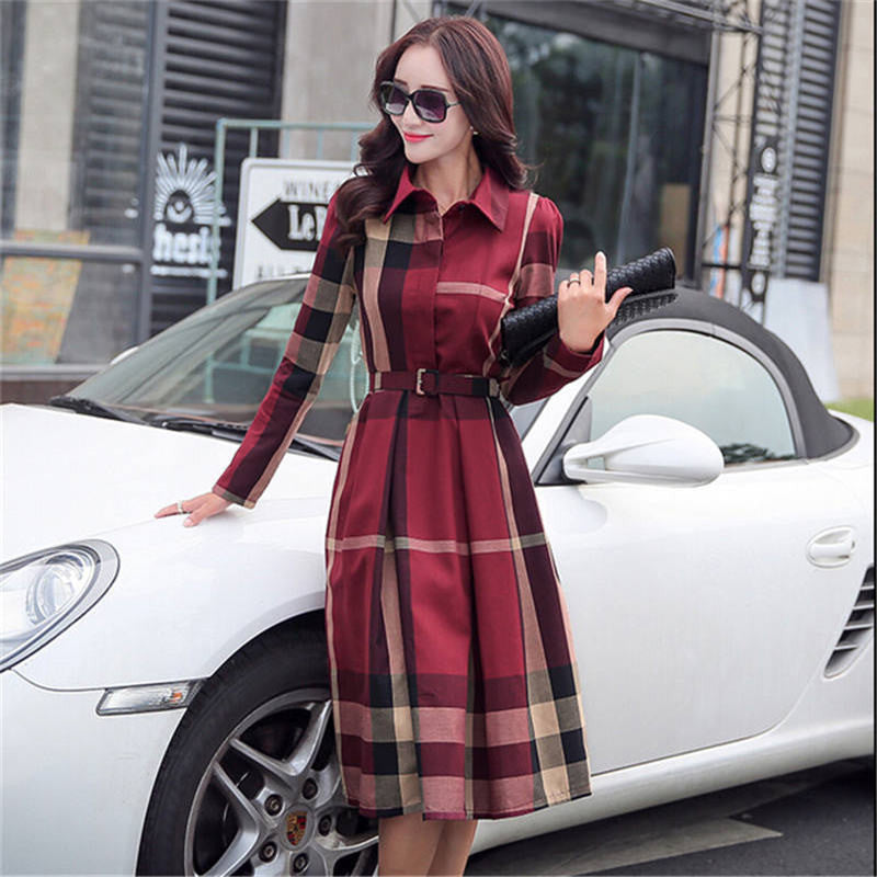 Online discount shop Australia - European Style Women Spring Autumn Dress Elegant A-Line Plaid Long Sleeve Dress Slim Work Wear OL Dresses SS372