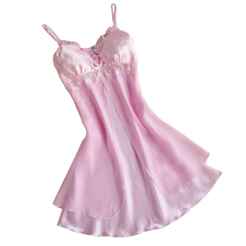 Women Lace Short Mini Braces Nightdress Smooth Satin Nightgown Pajams Sleepwear