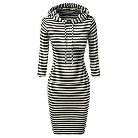 Online discount shop Australia - Fashion Women Striped Hoody Hoodie Hooded with Pockets Autumn Winter Wear Bodycon Casual Pencil Dress