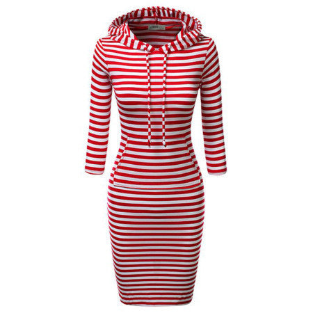 Online discount shop Australia - Fashion Women Striped Hoody Hoodie Hooded with Pockets Autumn Winter Wear Bodycon Casual Pencil Dress