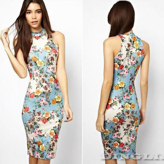 Women Vintage Sleeveless Floral Print Bodycon Bandage Pencil Evening Party Midi Dresses 1888