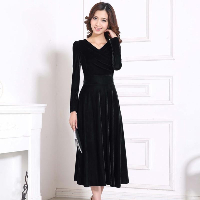 Women Winter Dress V-Neck Long Maxi Velvet Dresses Elegant Ladies Formal Party Red Dresses black,red,blue