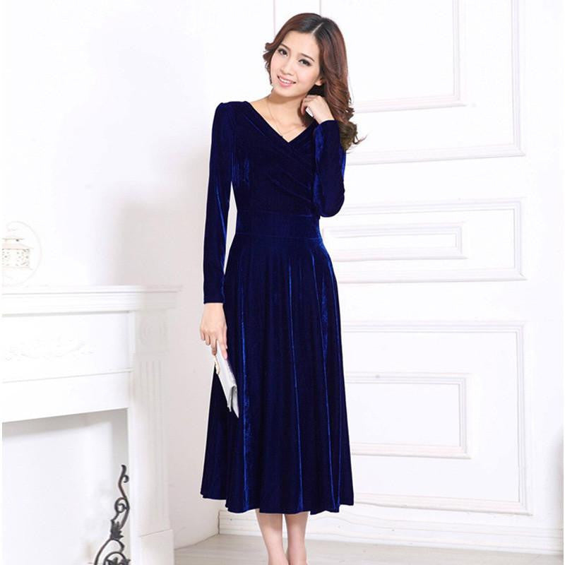 Women Winter Dress V-Neck Long Maxi Velvet Dresses Elegant Ladies Formal Party Red Dresses black,red,blue