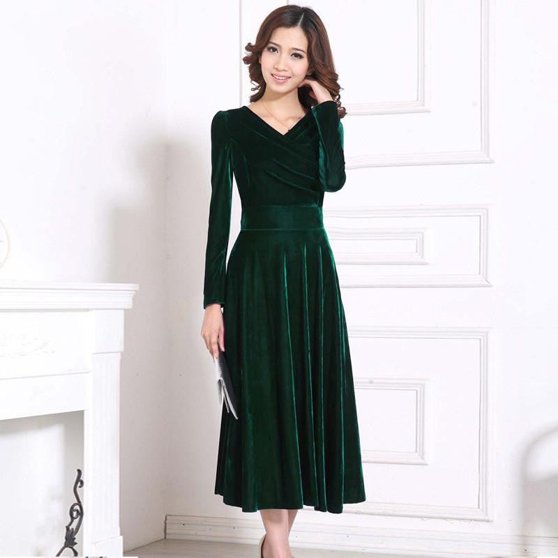 Women Winter Dress V-Neck Long Maxi Velvet Dresses Elegant Ladies Formal Party Red Dresses black,red,blue