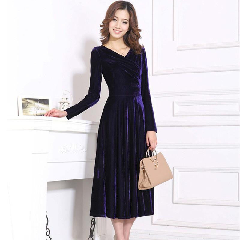 Women Winter Dress V-Neck Long Maxi Velvet Dresses Elegant Ladies Formal Party Red Dresses black,red,blue