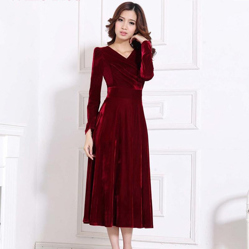 Women Winter Dress V-Neck Long Maxi Velvet Dresses Elegant Ladies Formal Party Red Dresses black,red,blue