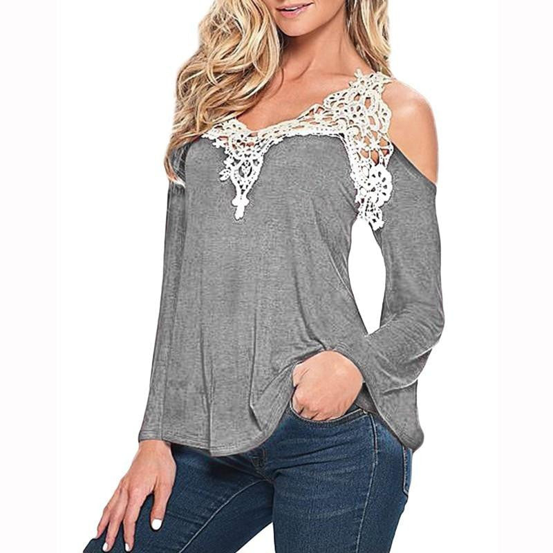 Women Blouses Off Shoulder Elegant Lace V Neck Shirt Ladies Long Sleeve Tops Plus Size