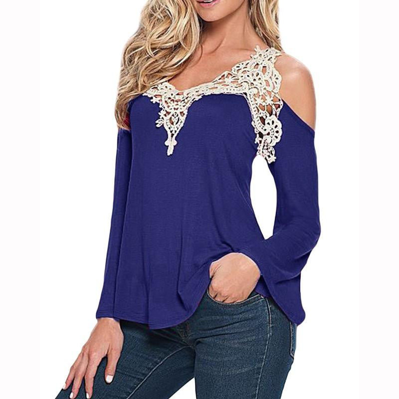 Women Blouses Off Shoulder Elegant Lace V Neck Shirt Ladies Long Sleeve Tops Plus Size