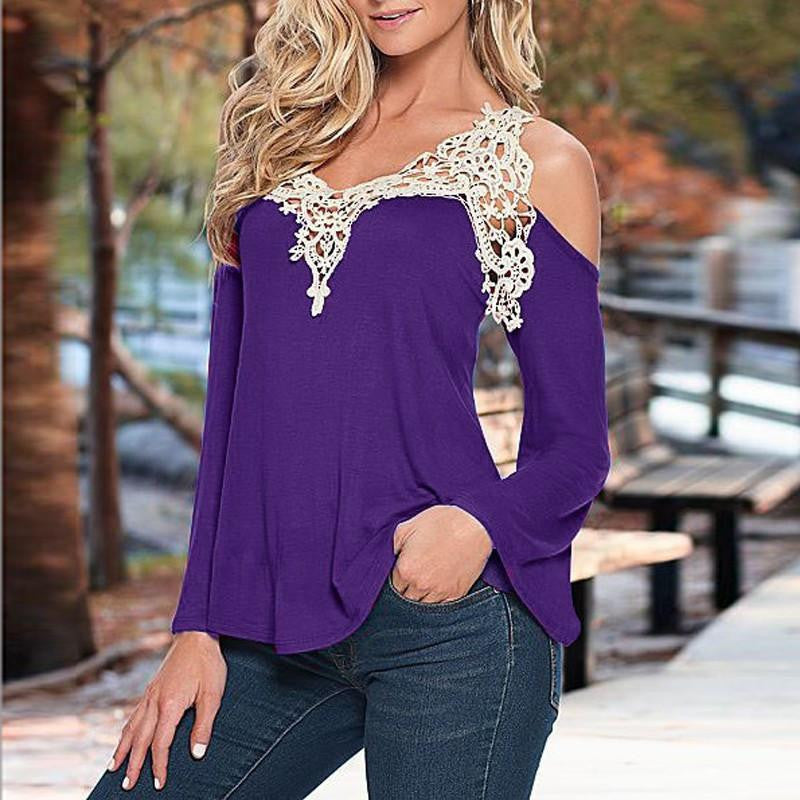 Women Blouses Off Shoulder Elegant Lace V Neck Shirt Ladies Long Sleeve Tops Plus Size