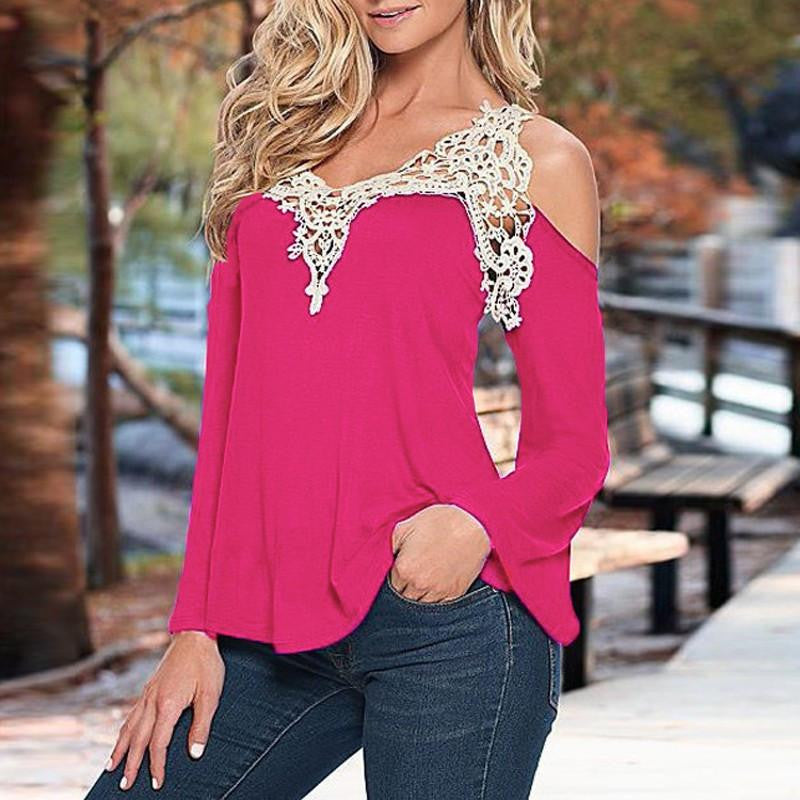 Women Blouses Off Shoulder Elegant Lace V Neck Shirt Ladies Long Sleeve Tops Plus Size