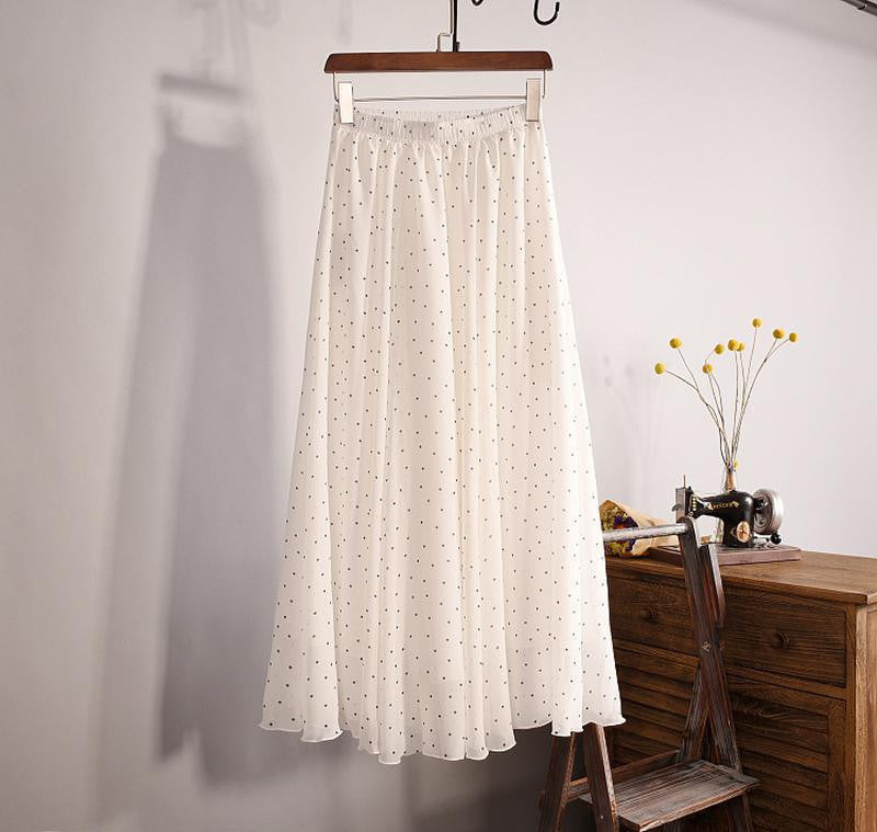 Fashion Women's Elegant Dot Print Chiffon 3 Layers Long Skirt Ladies Slim High-Waist Elastic Waist Pleated Skirts SK16