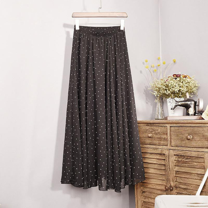 Fashion Women's Elegant Dot Print Chiffon 3 Layers Long Skirt Ladies Slim High-Waist Elastic Waist Pleated Skirts SK16