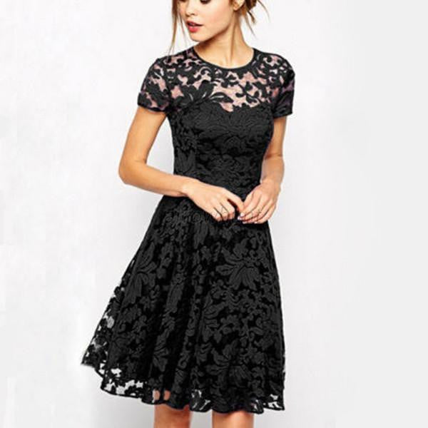 Women Floral Lace Dress Short Sleeve O-Neck Casual Mini Dresses S M L XL