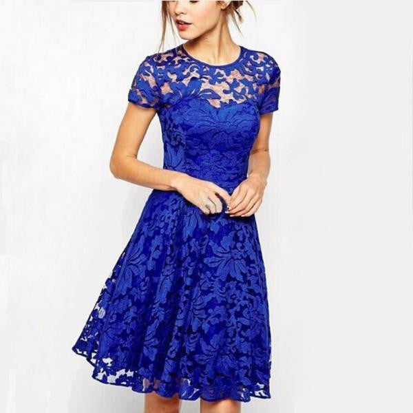 Women Floral Lace Dress Short Sleeve O-Neck Casual Mini Dresses S M L XL