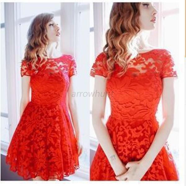 Women Floral Lace Dress Short Sleeve O-Neck Casual Mini Dresses S M L XL