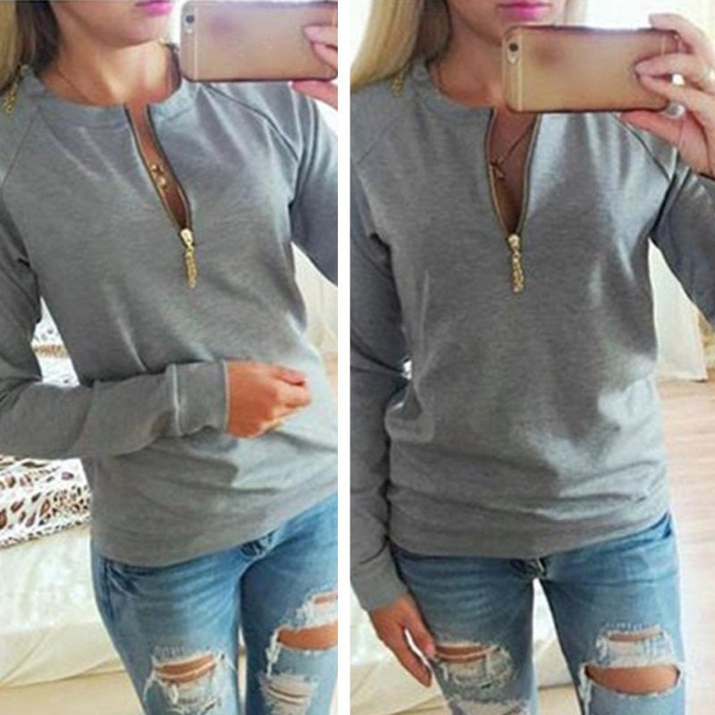 Ladies V-Neck Long Sleeve Hoodie Women Jumper Pullover Tops