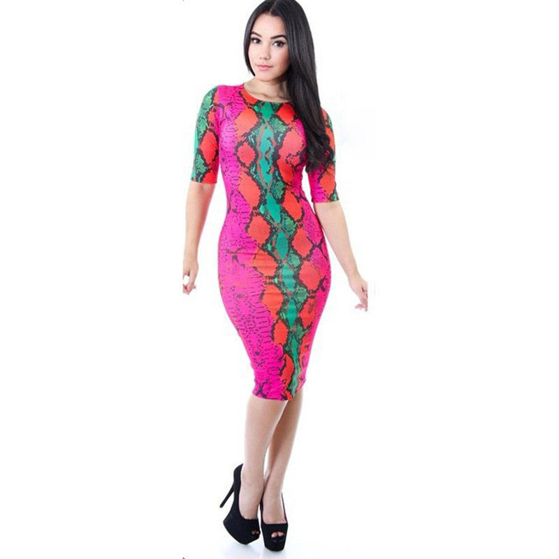 Fashion Chain Print Dress Women Three Quarter Sleeve O-Neck Sheath Dress Spandex High Casual Dresses for Woman