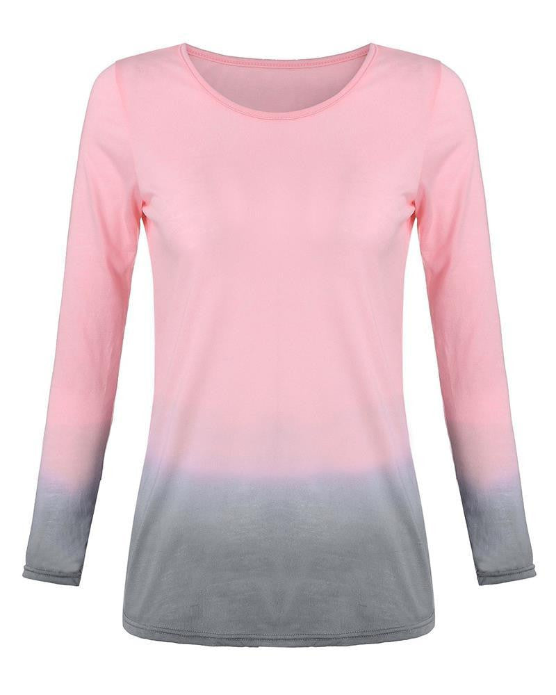 T-Shirt Women Long Sleeve O-neck Cotton Tops Tee Casual Loose Gradient Color T shirts