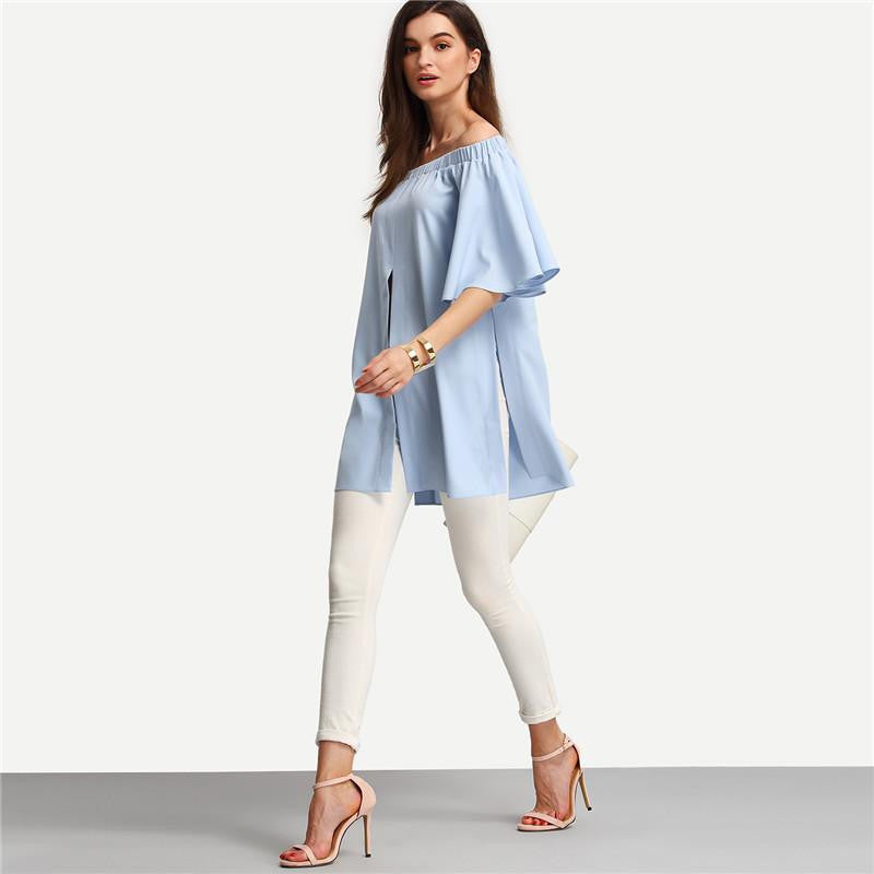 Sheinside Off The Shoulder Split Blouses Style Tops Women Cute Casual Shirts Ladies Short Sleeve Blouse