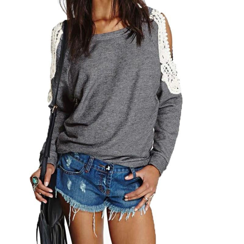 Women Casual Lace Crochet Splice Off Shoulder Long Sleeve Tops Hoodies Sweatshirt Plus Size