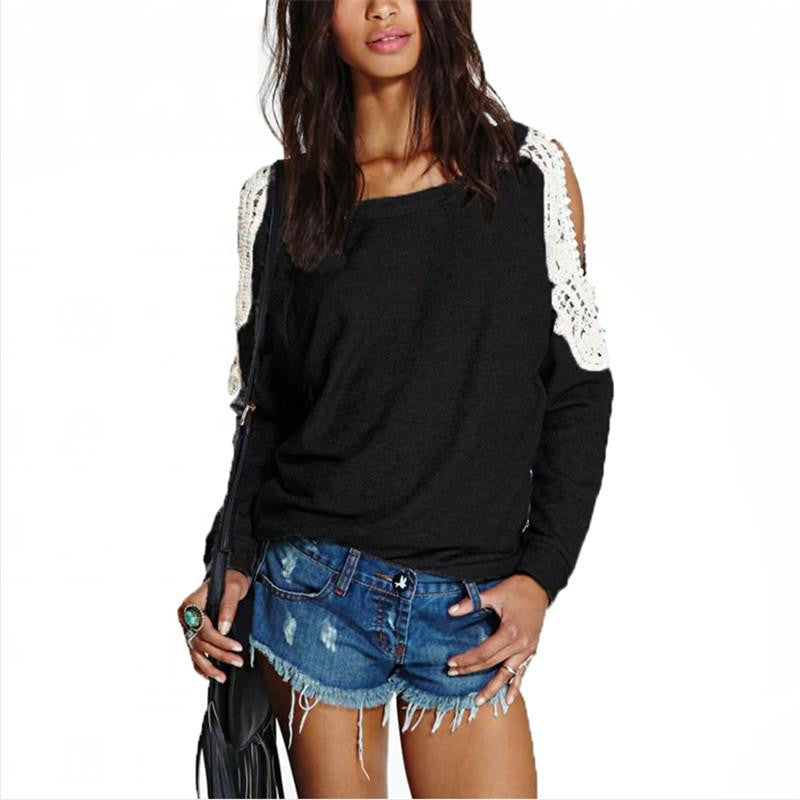 Women Casual Lace Crochet Splice Off Shoulder Long Sleeve Tops Hoodies Sweatshirt Plus Size