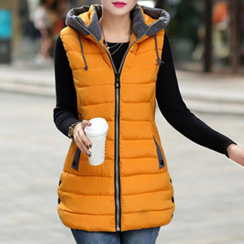 Warm Vest Women Long Hooded Waistcoat Pockets Patchwork Slim Coats Vests