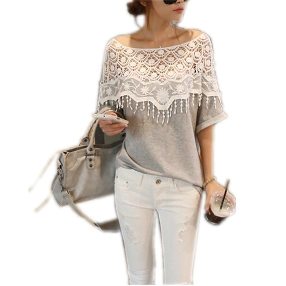 Women Hollow Lace Crochet Cape Collar Tops Batwing Sleeve Shirt O Neck Tops Tee Plus Size