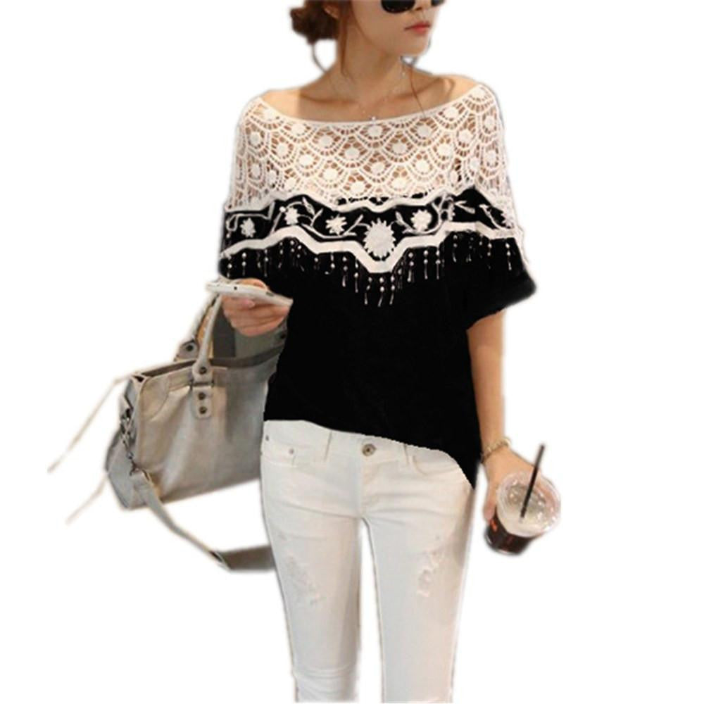 Women Hollow Lace Crochet Cape Collar Tops Batwing Sleeve Shirt O Neck Tops Tee Plus Size