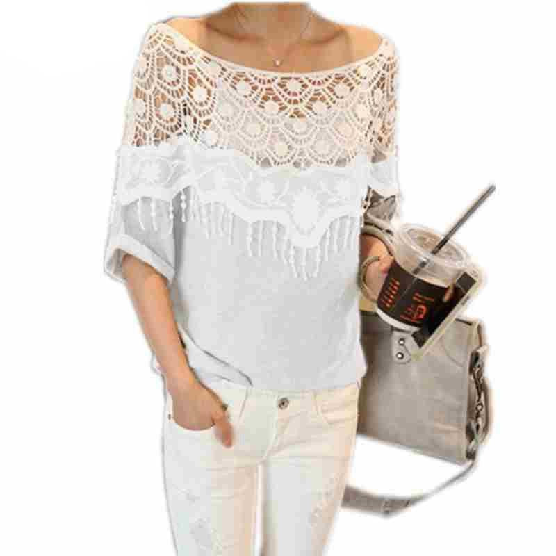 Women Hollow Lace Crochet Cape Collar Tops Batwing Sleeve Shirt O Neck Tops Tee Plus Size