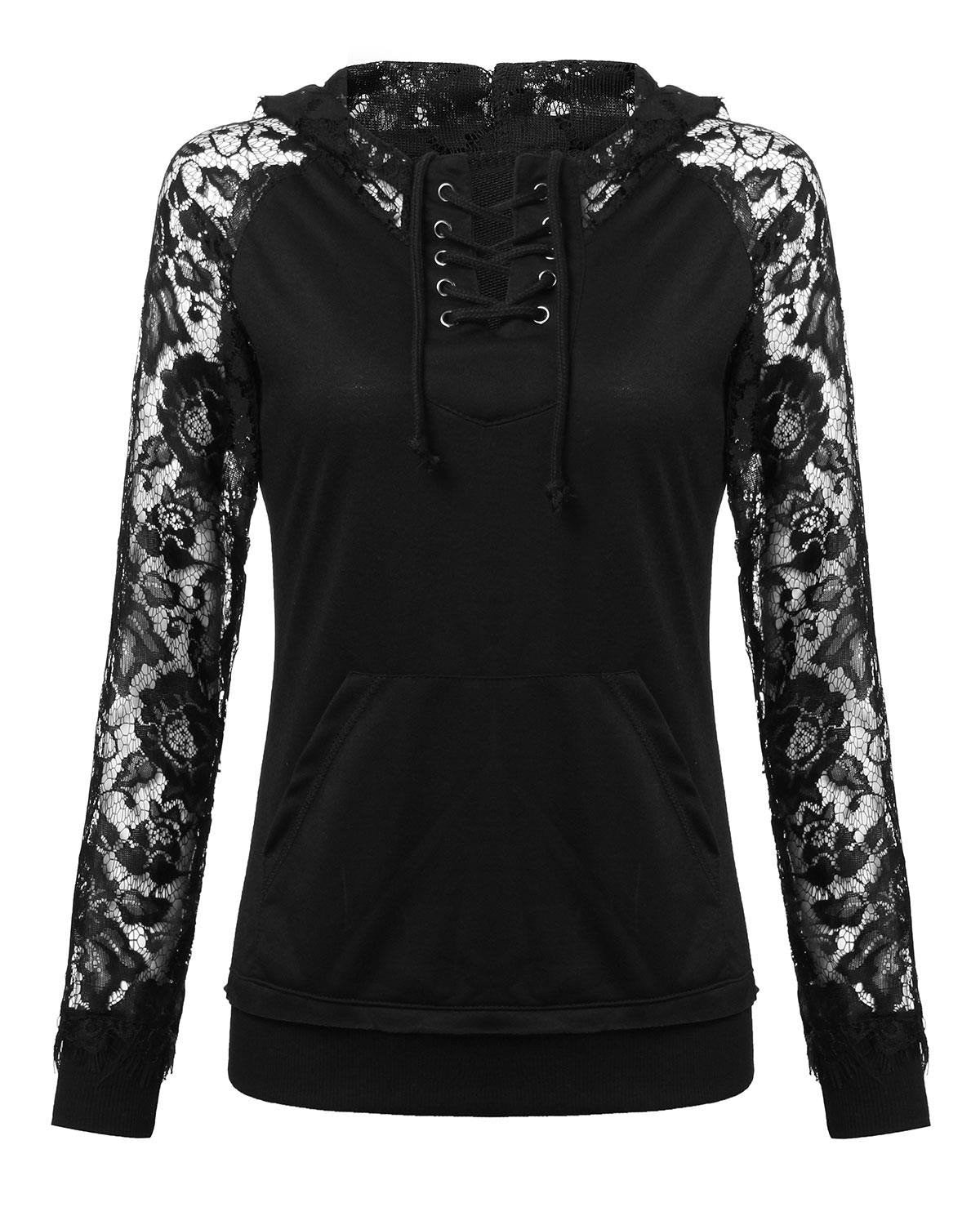 Casual Hoody Pullover Women Lace Long Sleeve Hoodies Solid Black Sweatshirts Ladies Leisure Tops