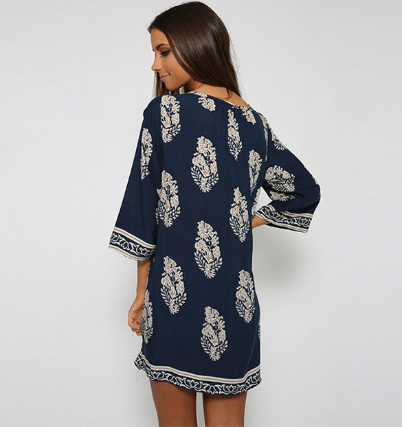 Online discount shop Australia - Fashion new women long sleeve dress leaf printed loose mini dresses summer Vintage style plus size vestidos S-XL 63#