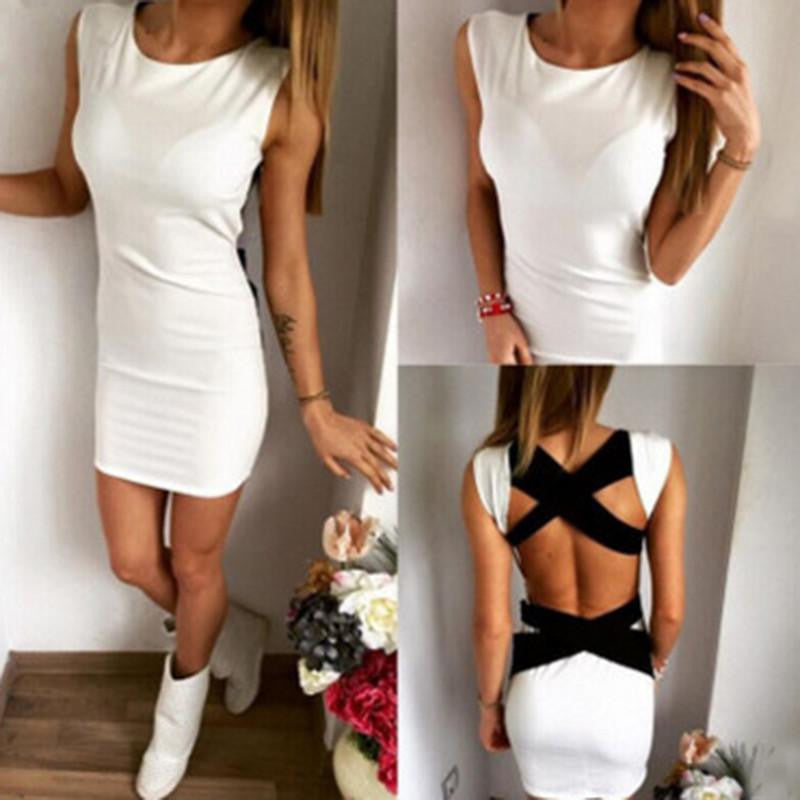 White Knitted Cross Bandage Sleeveless Mini Dress Backless Short Bodycon Night Dress Tight