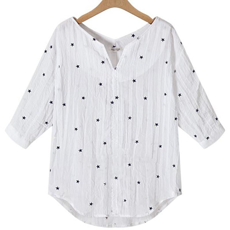 Women V-Neck 3/4 Sleeve Tops Casual Loose Star Printed Blouse Shirts Plus Size Shirts