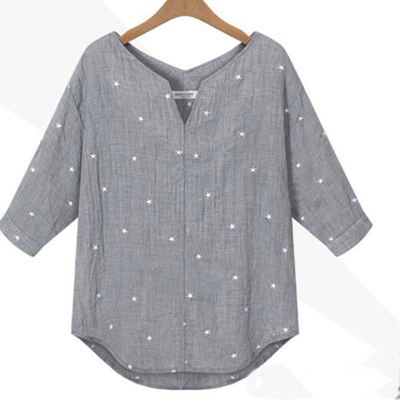 Women V-Neck 3/4 Sleeve Tops Casual Loose Star Printed Blouse Shirts Plus Size Shirts